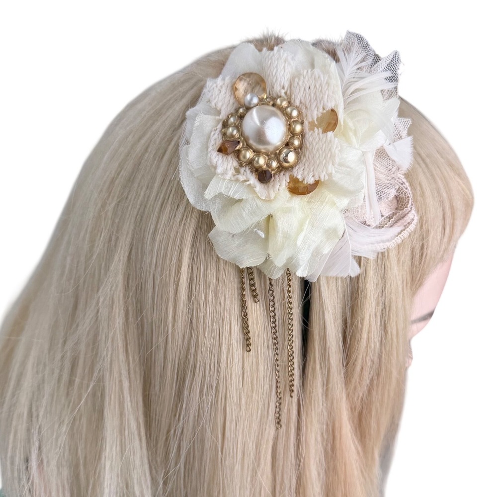 Handmade Floral Headband Lace Pearl Chain Fascinator Coquette Victorian Cream OS